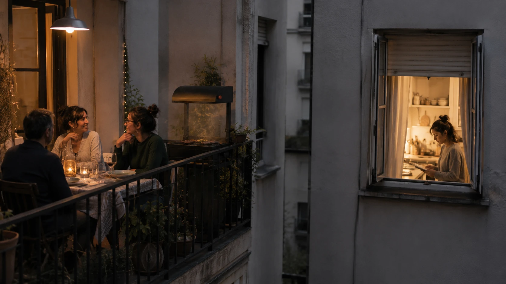 Balcón de noche: alguien cocina y la ventana del vecino queda abierta.